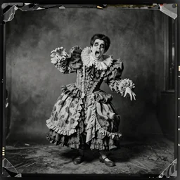 damaged kodak portra 4 0 0, wetplate, photo of a screaming bob ross, weird fashion, grotesque, extravagant dress, strange pose, carneval, with an animal, wtf, photographed by paolo roversi style