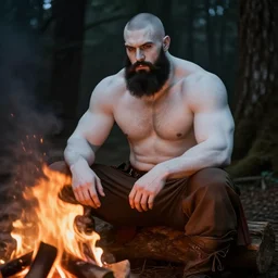 a tall muscular man, with a full black beard, sitting at a campfire with red and orange flames, in the forest at night, barbarian with white and gray skin, very short hair on sides of head, shoulder armor with bear fur, long braided hair on top of head, tribal tattoos on back, style by donato giancola, wayne reynolds, jeff easley dramatic light, high detail, cinematic lighting, artstation, dungeons and dragons