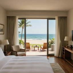 a beautiful 5 star hotel room leading to a view of the beach, by greg rutkowski and thomas kinkade, trending on artstation