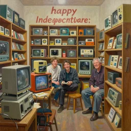 happy independent bookstore. vintage shapes, retro technology, happy colors dariusz zawadzki, tim hildebrandt, wayne barlow, bruce pennington, larry elmore, oil on canvas, deep depth field, masterpiece, cinematic composition, hyperdetailed