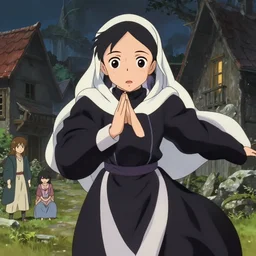 anime visual, portrait of a priestess blessing a medieval village exterior, low light, cute face by ilya kuvshinov, yoh yoshinari, makoto shinkai, dynamic pose, dynamic perspective, anime cel, anime still image, flat cel shading mucha, rounded eyes, crisp smooth clean lines, dramatic