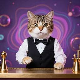 A handsome cat bartender, he wearing a formal suit, trippy background