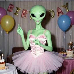 Giger's Alien wearing a tutu at his birthday party, nostalgic 90's photo