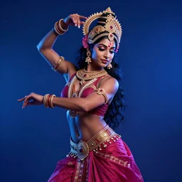muscular hindu girl wearing intricate hindu accessories dancing by greg rutkowski, digital art, blue lighting trending on artstation, hd, 8 k, highly detailed, good lighting, beautiful, epic, masterpiece