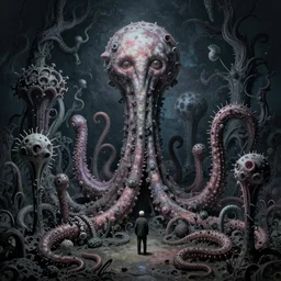 whimsical tentacle garden at the end of the universe, by hp lovecraft, otherworldly, by greg rutkowski, by zdzisław beksinski, thalassophobia, very detailed, by andree wallin