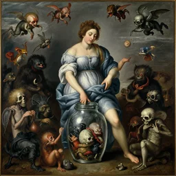 a painting of pandora opening her jar, releasing monsters and critters that impersonate sickness and death, misery a masterpiece by artemisia gentileschi and egon schiele, critters flying around, wide angle