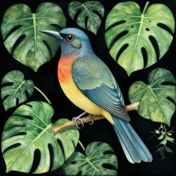 a motmot bird with monstera leaves, in an art nouveau style, by paul lehr