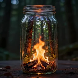 glass jar with a forest inside, forest fire, bokeh, dark background, dramatic lighting, hyperrealistic, volumentric lighting, highly detailed, reflections, refractions