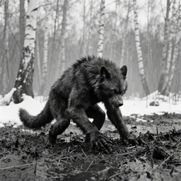 movie still by tarkovsky, werewolf transforming, in a swamp snowy with birch forest backround, cinestill 8 0 0 t 3 5 mm b & w, heavy grain, high quality, noir, natural textures, photorealistic, ambient occlusion, hd, dof, mud, fog
