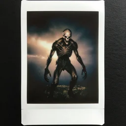 ominous polaroid photo of scary entity cryptid designed by emil melmoth, skinned humanoid creature, monster
