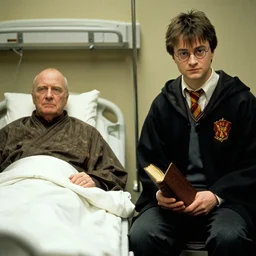 harry potter holding book sitting next to voldemort at a hospital
