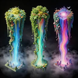 3 d isometric planes melting, colorful, grainy, risograph, dramatic lighting, flowing, nebula, lush overgrowth, ivy, vines, flowers, trees, birds, city, unreal engine, fog, cosmos