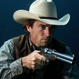 Underwater photo of a cowboy with a gun by Trent Parke, clean, detailed, Magnum photos