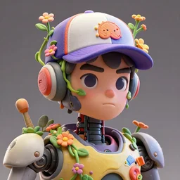colourful caricature - 3 d vfx art - portrait of a mecha robot wearing a baseball cap with vines & flowers growing from inside, art style by james jean & hsiao - ron cheng, character concept art, unreal engine render, digital illustration, claymation, sharp, intricate detail, volumetric light, ray tracing, soft light, symmetric, pinterest, artstation, behance,