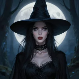 close - up portrait of a beautiful skinny woman as witch in front of the full big moon in a fantasy forest, by james gurney, max liebermann, greg rutkowski, highly detailed digital art, artstation