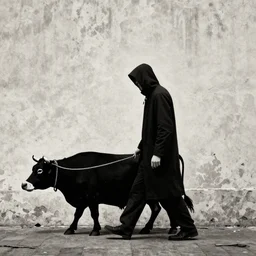 a grim reaper walking a cow with a rope in the style of banksy