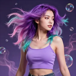 a award winning half body portrait of a beautiful woman in a croptop with a ombre purple pink teal hairstyle with head in motion and hair flying, bubbles, outrun, vaporware, vivid colors, highly detailed, fine detail, intricate
