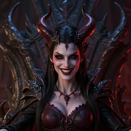 headshot portrait, demon queen inside her hellish throne room, mischievous smile, detailed, realistic, studio lighting, unreal engine, cgsociety