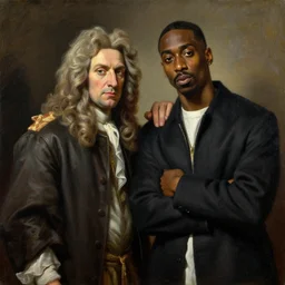 a classical painting of sir isaac newton and tupac shakur posing together, oil on canvas