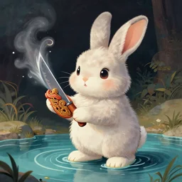 a cute fluffy girl rabbit standing in a pool of water, holding a tepcatl, slicing the air. pop surrealism, contemporary art illustration, character concept art,, intricate highly detailed 8 k, artstation, art genevieve gauckler, loomis, surreal portrait photography, gary baseman, sharp focus, juxtapoz magazine illustration aesthetic