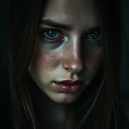 an cinematic headshot portrait of a beautiful woman, freckels pretty, sad, crying, low contrast, long hair, ultra realistic