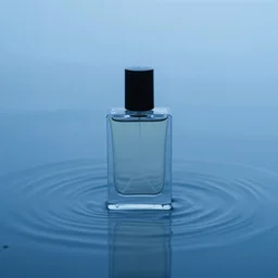 perfume bottle in cool blue rippling flat water, serene, zen, minimalist, simple path traced, environment, up close shot shinji aramaki, karol bak, alphonse mucha