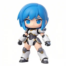 female warrior piloting a mech, symmetrical eyes, blue hair, symmetrical face, full body action pose, gustav klimt, loish, kawaii