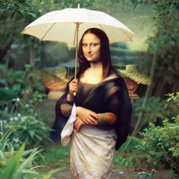 a young woman wearing a kimono is standing in the garden holding an umbrella!, looks like mona lisa, sharp focus, hyper realistic, soft colors, centered, insanely detailed, wide shot, a painting by leonardo da vinci