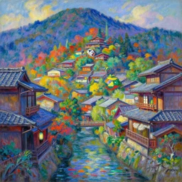 a beautiful japanese city in the mountain, amazing ryokans and gorgeous edo era houses, fantastic non human character, epic cyberpunk, lofi vibe, colorful, vivide colors, amazing light, really beautiful nature, oil painting in impressionist style, by jeremy lipkin, by claude monet, by makoto shinkai, kandinsky touches, inspired by ghibli, masterpiece, beautiful