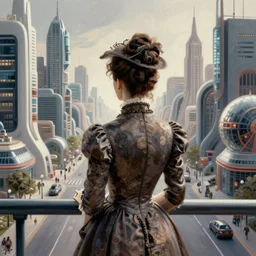 portrait of a victorian lady in a futuristic city, from behind, streets, in the style of M C Escher, highly detailed, digital painting