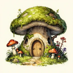 pencil lines, heavy outlines, beautiful colorful whimsical storybook style full page antique ornate lithograph of moss, mushroom and flower covered knome hobbit giant mushroom house by Jean-Baptiste Monge, post processing, painterly, book illustration watercolor granular splatter dripping paper texture. Trending on artstation, post processing, pen and ink work. sharp focus.