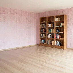 3 5 mm, empty room, big open floor, book shelf, batik pastel walls, bohemian internal