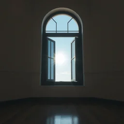 sun shines through a window into an empty room, realistic reflection and caustic