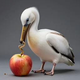 pelican named reginald eating a apple with worms coming out of the spine of the apple, studio photography, beautiful lighting