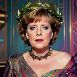 portrait of glamor greek goddess | angela merkel! wearing spiked dog collar and a laurel wreath | ( curly ) hair | long term home background | highly detailed | very intricate | professional model | cinematic lighting | painted by donato giancola and mandy jurgens and charlie bowater | bold colors, artdeco, art deco synthwave anime aesthestic, 8 0 s nostalgia | artstation