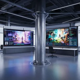 modern nbc newsroom, two stories, 2 large hd monitors, industrial columns, octane render, unreal engine 5, epic game graphics, ray tracing