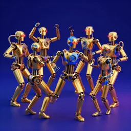 scene from the voice of america, 7 golden and blue metal humanoid steampunk robots dancing, robots are wearing and gears and tubes, eyes are glowing red lightbulbs, shiny crisp finish, 3 d render, 8 k, insaneley detailed, fluorescent colors, nightlight