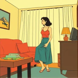 risograph grainy drawing vintage advertising, wes anderson color palette, simplified woman in her livingroom james gilleard full body character portrait, full body portrait, very low poly, 1 9 6 0, kodak, with, natural colors, painting by james gilleard moebius and satoshi kon and dirk dzimirsky