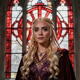 double exposure of a sigma 8 5 mm f / 1. 4 photo of daenerys targaryen blending into a beautiful red blood stained glass window with a prominent targaryen sigil in the style of true detective trending on artstation