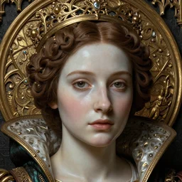 detailed realistic beautiful young medieval queen face portrait by jean delville, rembrandt, and marco mazzoni, art nouveau, symbolist, visionary, gothic, preraphaelite, realistic smooth polished porcelain, ultrasharp hyperdetailed photorealistic octane render, ornate gothic icon with heavy patina