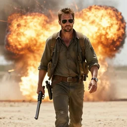 Cinematic action movie still of a weary battle-worn rugged man holding a desert eagle casually walking away from an explosion in the background, the man is  wearing aviator sunglasses, cinematic, award winning cinematography, high resolution