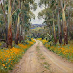a painting of a dirt road surrounded by eucalyptus trees and california golden poppies, woodland hill in the distance. an oil painting by Julian Onderdonk, featured on deviantart, australian tonalism, pre-raphaelite, impressionism, detailed painting