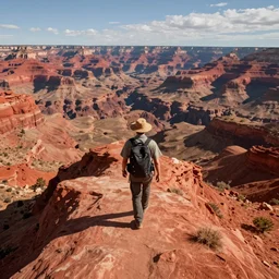 a hyper detailed photo of walking across a summit of a beautiful red canyon range, photorealistic, unreal engine 5, 8 k post production, cinematographic, ray tracing, v - ray, octane render, go pro, artstation trending, concept art
