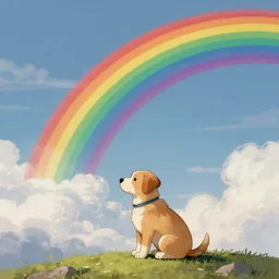 a puppy sitting in front of a rainbow that extends to the clouds in heaven, digital art by Gil Elvgren