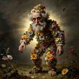 creepy old man made of flowers and insects by theodore gericault caravaggio dirck van baburen, dutch golden age, dramatic lighting, backlit, rimlight, modern, xf iq 4, 1 5 0 mp, 5 0 mm, f 1. 4, iso 2 0 0, 1 / 1 6 0 s, natural light, photoshop