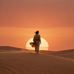 Paul Atreides on a sand dune, desert landscape, simple robe, blowing in the wind, artstation, sun setting, orange and red sky, Paul silhouetted against the horizon, detailed, futuristic, intricate, detailed, photorealistic imagery, artstation