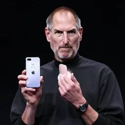 a portrait of steve jobs presenting an android phone in an apple keynote, photograph, epic studio lighting