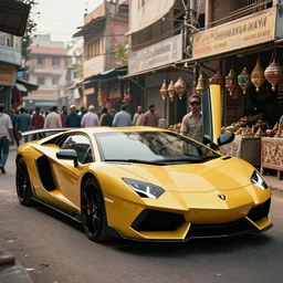 lamborghini aventador photoshoot, cinematic, indian bazaar background, photography by alexey kurylev, beautiful, india, heavily detailed