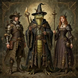 steampunk crocodilian wizard by heironymous bosch, cyril rolando and rebecca guay and natalie shau, whimsical, intricate, matte symmetrical portrait. fantasy art. trending on devaintart