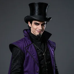 portrait, mena massoud wearing purple and black ringmaster attire, nefarious smirk, slender body type, young adult in his early 3 0 s, black hair, medieval, black top hat, pencil - thin goatee, realistic face, villain, style by donato giancola, wayne reynolds, jeff easley dramatic light, high detail, cinematic lighting, artstation, dungeons and dragons